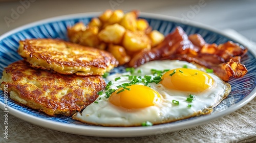Eggs, bacon, pancakes, and latkes form a hearty American breakfast, with one part in clear view.