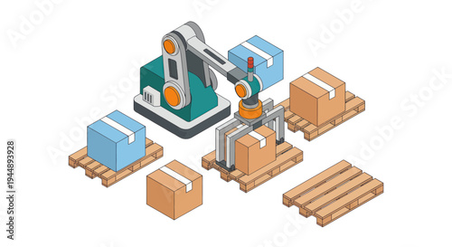 Automated Robotic Arm Packaging Boxes on Wooden Pallets in Warehouse.