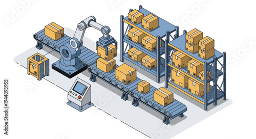 Automated Robotic Arm Sorting Packages on a Conveyor Belt in a Warehouse.