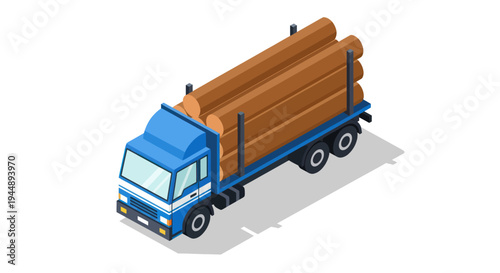 Blue truck carrying large wooden logs on a white background.