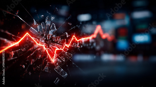 Stock Market Crash: A dramatic visual representing financial turmoil with a neon line chart piercing through shattered glass, symbolizing market volatility and economic downturn.