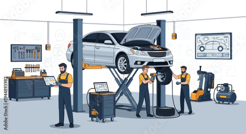 Car being serviced by mechanics in a modern auto repair shop.