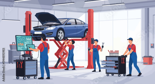 Automotive mechanics working on a car in a modern repair shop.