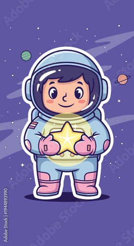 Astronaut Girl Holding Shining Star.