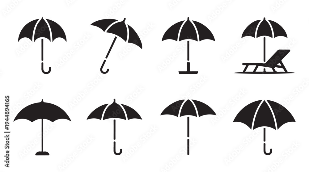 Obraz premium Minimalist sunshade and beach lounge chair icons for summer vacation branding in vector set
