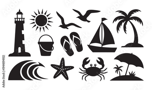 Summer beach icon set. lighthouse, sun, birds, bucket, flip flops, sailboat, waves, starfish, crab