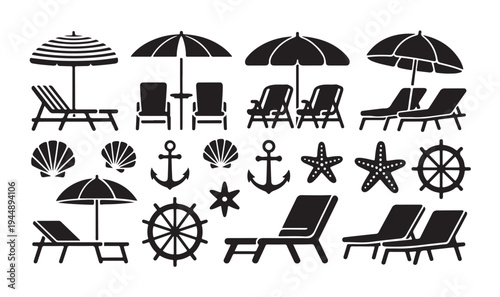 Summer beach lounge icon set. umbrella, beach chair, seashells, anchors, starfish, ship wheels