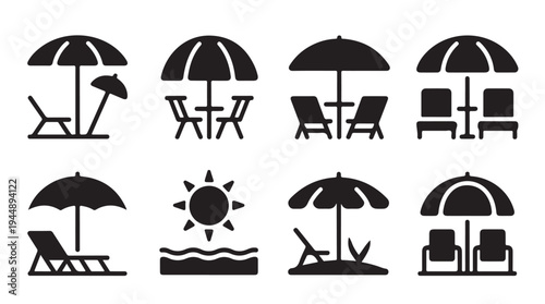 Collection of beach vacation icons with umbrellas chairs and sun