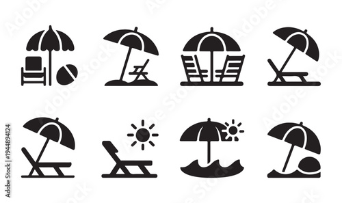Beach umbrella and deck chair vector icons for vacation and relaxation