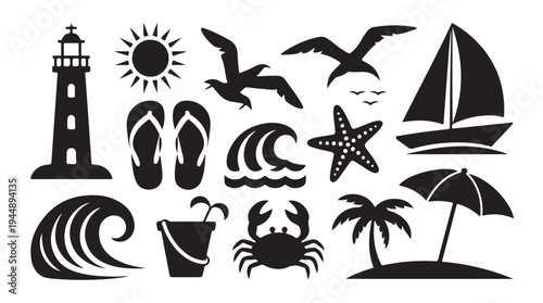 Summer beach vector icons lighthouse sailboat flip flops crab palm tree