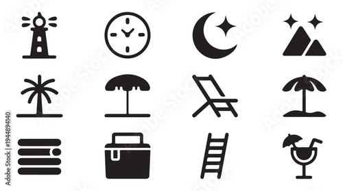 Set of beach and vacation related vector icons and symbols