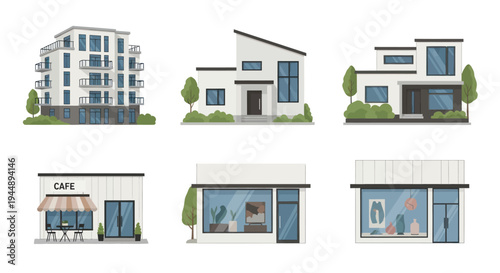 Collection of modern residential and commercial buildings with diverse architectural styles.
