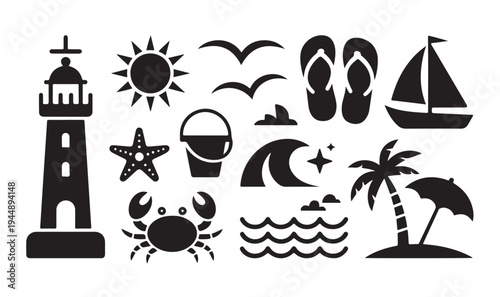 Summer beach icon set. lighthouse, sun, birds, starfish, bucket, waves, crab, palm tree, umbrella
