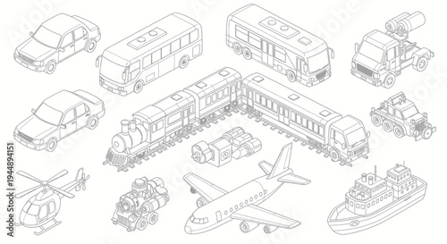 Collection of Various Transportation Vehicles in Sketch Style.