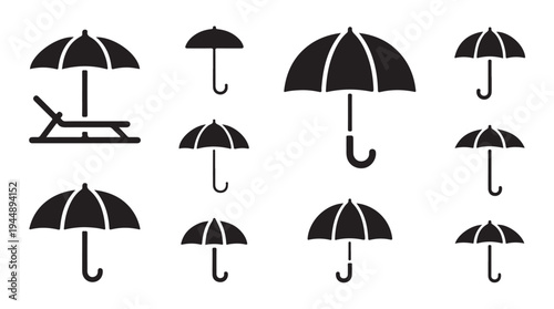 Beach umbrella and deck chair icons for summer holiday design on white background in vector