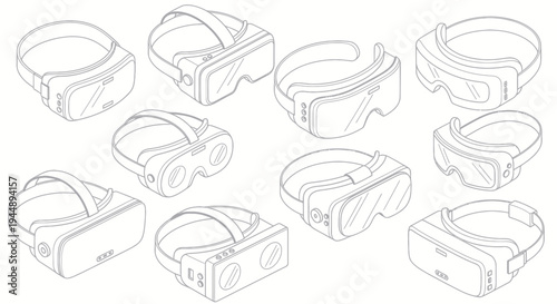 Collection of various virtual reality headsets in isometric line art.