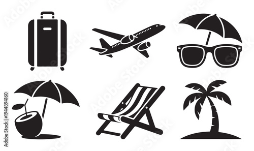 Travel and summer holiday icons featuring suitcase airplane sunglasses and palm tree vector