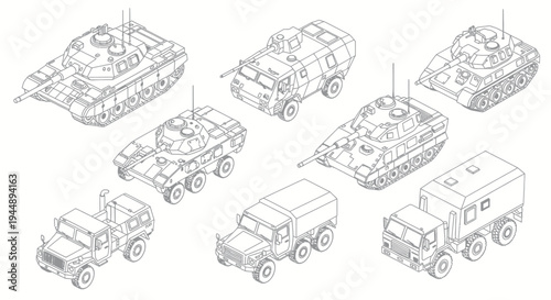 Collection of Military Vehicles and Trucks in Isometric Line Art Style.