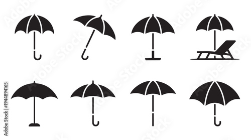 Minimalist sunshade and beach lounge chair icons for summer vacation branding in vector set