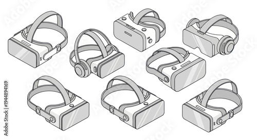 Collection of Virtual Reality Headsets in Isometric View.
