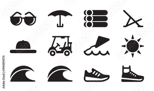 Summer activities and beach gear icons featuring sunglasses sun golf cart and ocean waves
