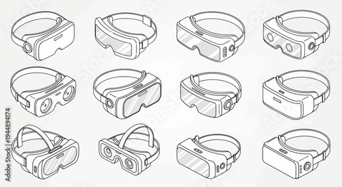 Collection of Virtual Reality Headset Designs in Line Art Style.