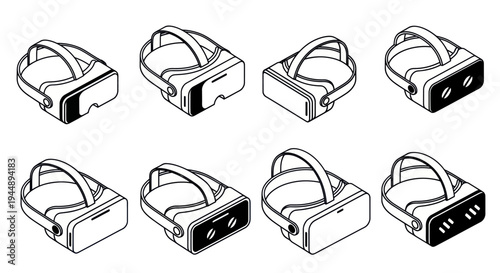 Collection of VR Headsets in Isometric View Line Art Style.