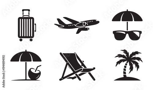 Set of travel and beach icons, summer vacation and tourism symbols, black white illustrations