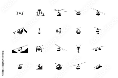 Cable Car Silhouette Set with Mountains and Towers gondola ski lift
