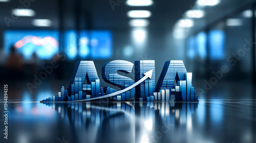 Asia Growth Concept: A captivating illustration that embodies the robust economic growth and dynamism of Asia, with the continent's name boldly depicted amidst a rising trend.