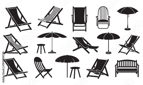 Beach chairs and umbrellas collection, various deck chairs, sun loungers, outdoor furniture set