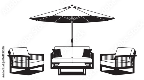 Outdoor patio furniture with umbrella and chairs and sofa with coffee table on white background