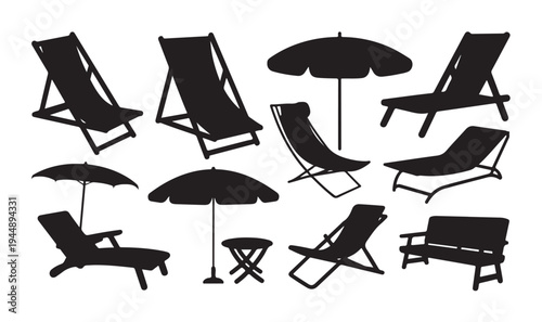 Collection of various beach chairs and umbrellas, outdoor seating, sun loungers