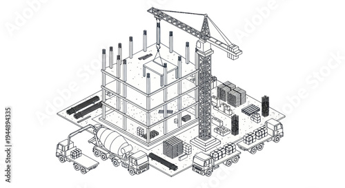 Construction site with building and crane isometric view.