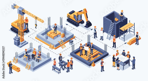 Construction Site Isometric View with Workers and Equipment.