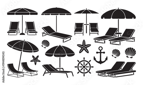 Beach accessories collection with deck chairs umbrellas and sea shells and starfish anchor