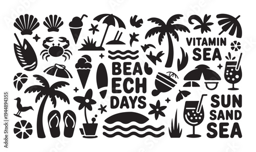 Summer beach elements with palm trees shells ice cream crab drinks and vitamin sea phrase