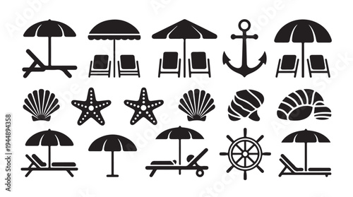 Beach icons with umbrellas deck chairs anchor starfish shells and ship wheel on white
