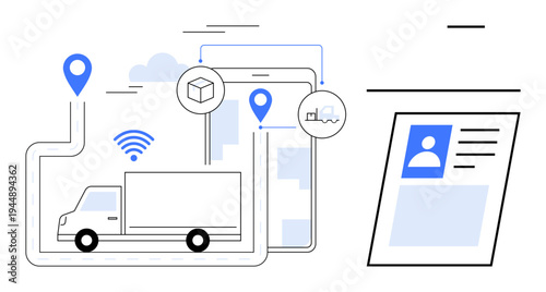 Logistics system. Logistics with GPS tracking for efficient delivery and fleet management. Logistics automation integrates technology for real-time monitoring. For supply chain, transportation