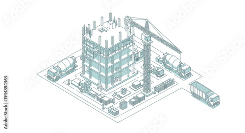 Construction Site with Building Crane and Trucks.