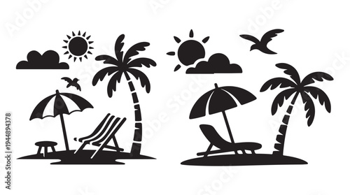 Tropical island landscapes with palm trees and beach chairs under sun and clouds graphics