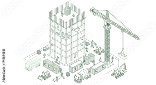 Construction Site with Building and Heavy Machinery Illustration.