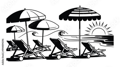 Summer sunset beach scene with sun loungers and umbrellas along ocean wave shoreline vector