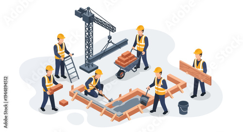 Construction workers building a foundation with crane and wheelbarrow.