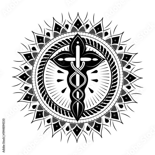 Glyph style illustration showing medical caduceus symbol