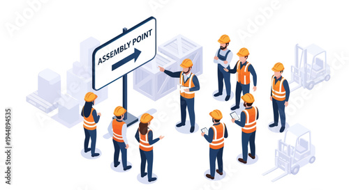 Construction workers gather at an assembly point for a safety briefing.