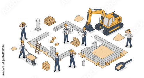 Construction workers building a house with heavy machinery and materials.