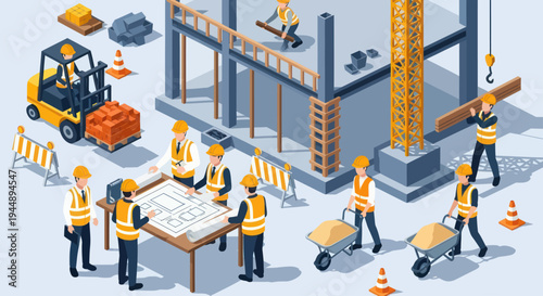 Construction workers collaborating on blueprints at a building site.