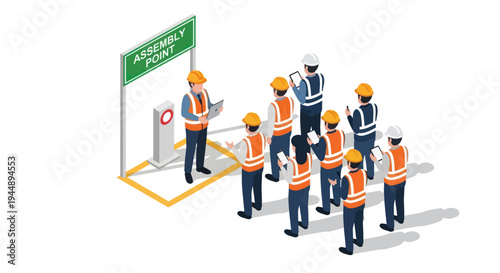 Construction workers gather at assembly point for safety briefing.