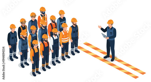 Construction workers gathered for a safety briefing outdoors.